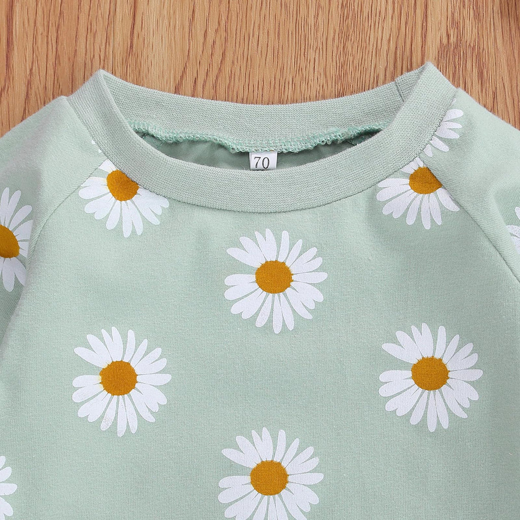 3Pcs Baby Girl Outfits Daisy Sweatshirt + Pants + Headband Infant Fall Winter Clothes Green