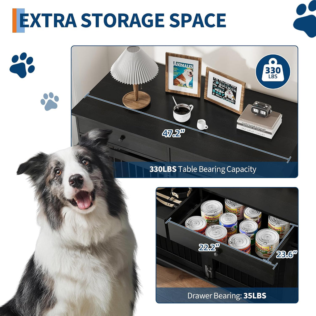 47" Dog Furniture Crate, Large Furniture Style Dog Crate w/ 2 Storage Draws & Removable Divider