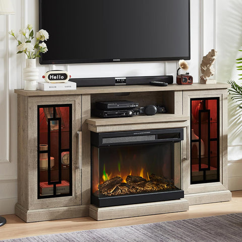59 Inch LED Fireplace TV Stand with 3-Sided Glass, Modern Highboy Entertainment Center for TVs up to 65 Inches, Adjustable Flame Colors, Grey Wash
