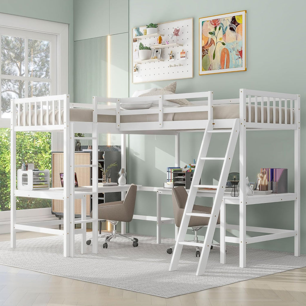 Corner Double Loft Bed with L-Shaped Desks, Twin Loft Bed with Desks & Slant Ladder for Kids Teens Adults