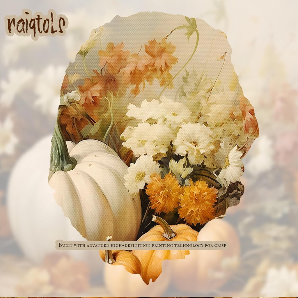 Framed Fall Pumpkin Wall Art - White Pumpkin and Autumn Floral Canvas Print, Rustic Farmhouse Harvest Halloween
