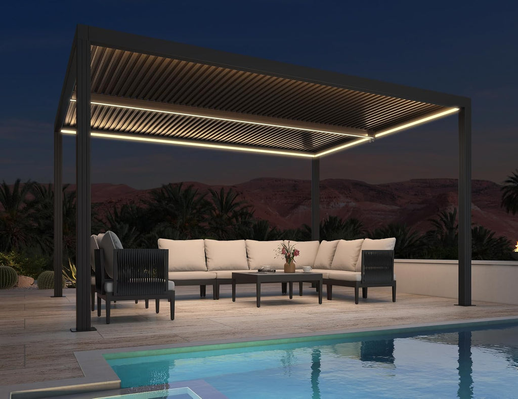 LED Louvered Pergola 94AS 10'x 14' Full Aluminum Frame and Adjustable Roof Integrated Strip Lights for Outdoor Deck