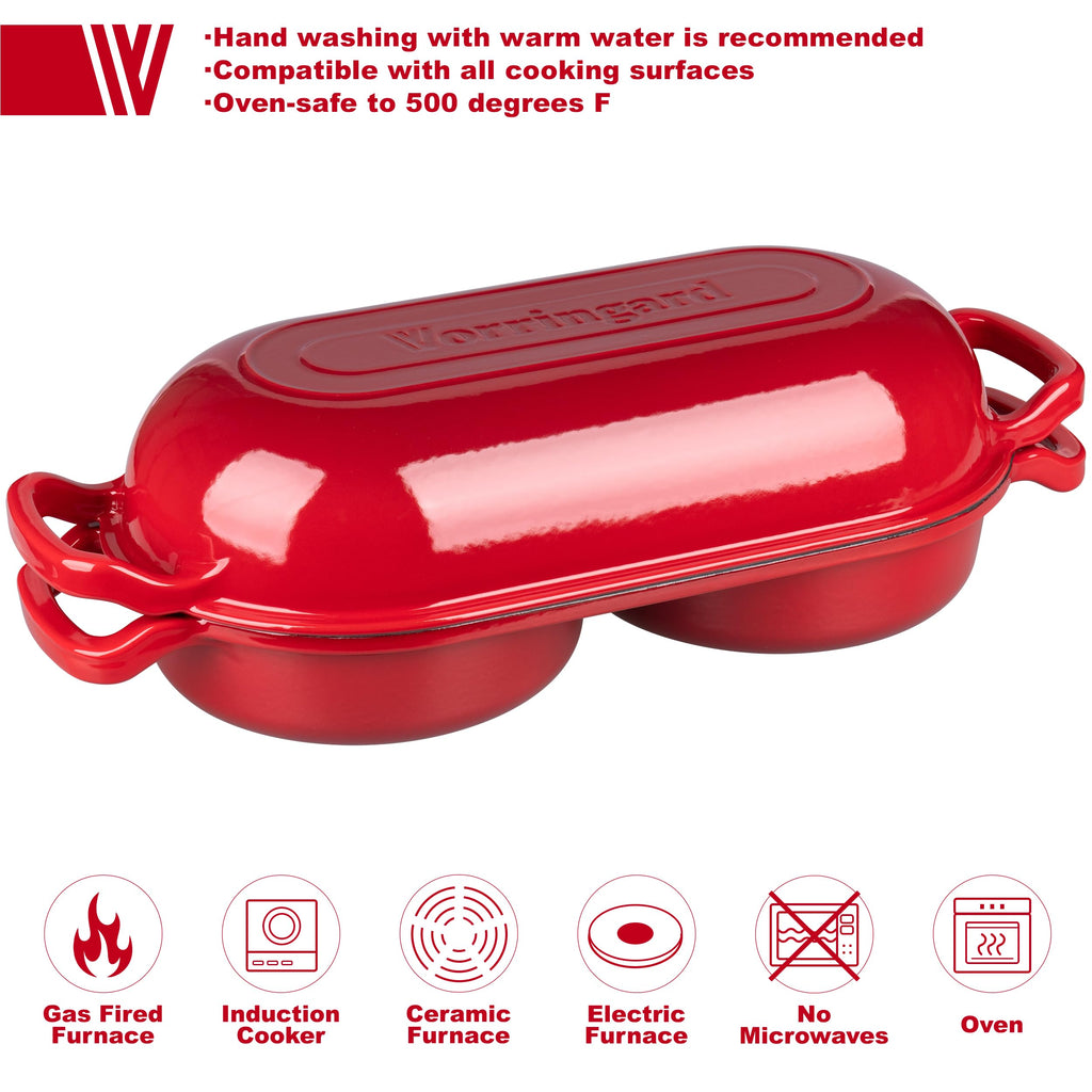 Enameled Cast Iron Double Dutch Oven with Lid, Dual Round Loaf Pan, Bread pan made Sourdough Bread Baking, Red