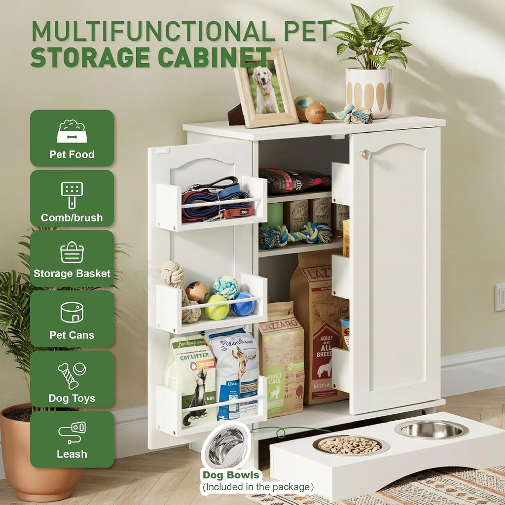 23.5"(w) Dog Feeding Station with Storage, Dual Door Hung Storage, Hidden Feeding Bowls, (Off White)