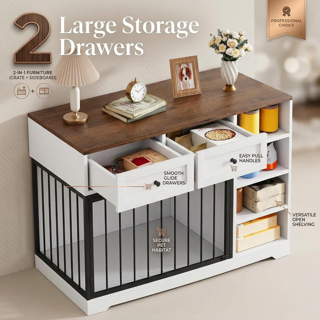 Dog Crate Furniture, Wooden Dog Crate End Table with Storage Drawers, Two-Door Dog Kennel Furniture for Small Dogs