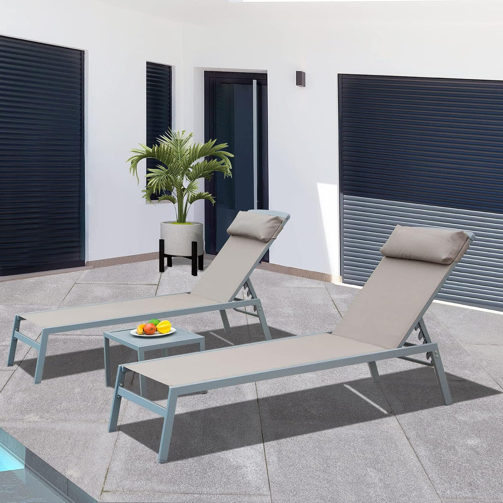 Patio Chaise Lounge Set of 3, Aluminum Lounge Chairs with 5 Adjustable Positions, Outdoor Chaise Lounge, Khaki