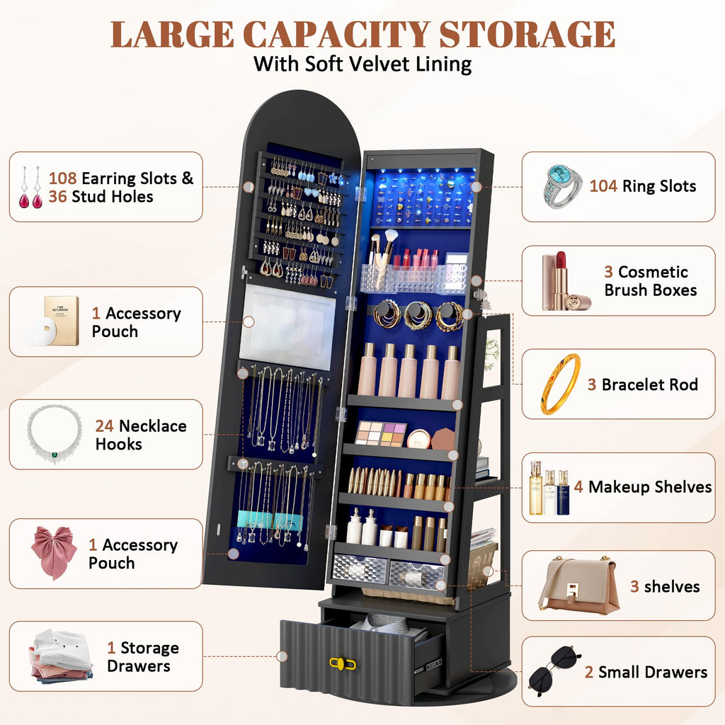 Arched LED Mirror Jewelry Cabinet, Standing Jewelry Armoire, Black