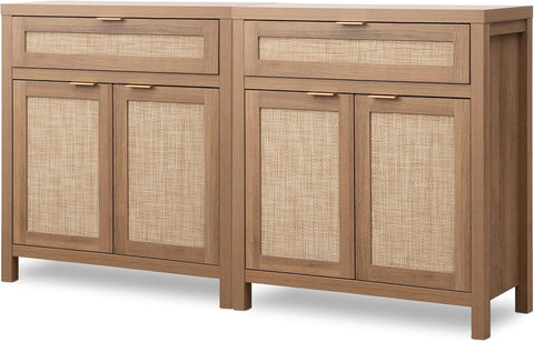 Sideboard Buffet Cabinet Set of 2, Rattan Credenza Storage Cabinet, Boho Buffet Table Console Cabinets with Drawer