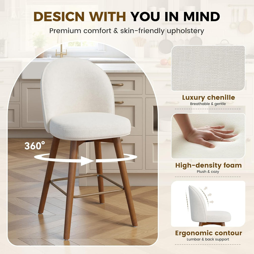 Modern Swivel Bar Stools Set of 2, Chic Upholstered Counter Height（26IN） Bar Chair with Back, Solid Wood Legs