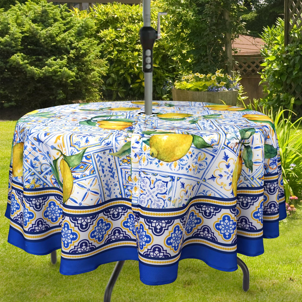 Blue Outdoor Tablecloth with Umbrella Hole for Round Table, Waterproof Lemon Patio Table Cloth with Zipper - 60 x 60