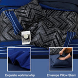 Luxudecor Blue Comforter Set Queen, 7 Pieces Stripe Geometric Bed in a Bag, Geometric Comforter and Sheet Set