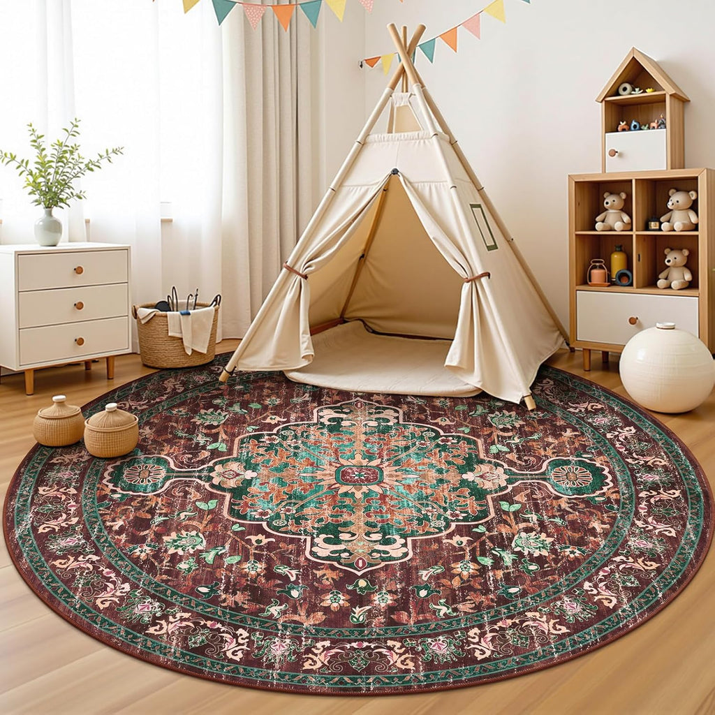 Boho Vintage Round Area Rug 8ft Machine Washable Low Pile Soft Floor Carpet Non Slip Non Shedding Ac