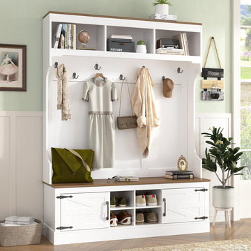 71''H Farmhouse Hall Tree with Bench and Shoe Storage, White