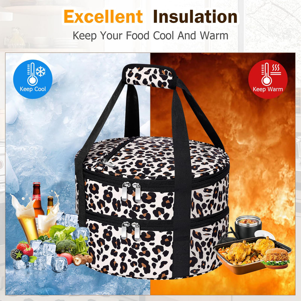 Round Double Insulated Casserole Carrier 12" Portable Pie Tote, Leopard