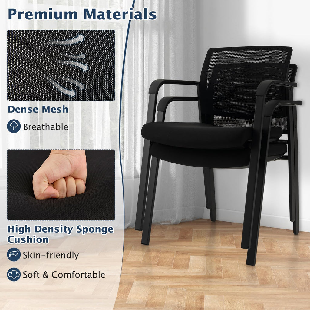 2-Pack Reception Room Chair Set with Mesh Back, Metal Frame & Padded Seat, Armrests, No Wheels, Stacking Guest Chairs