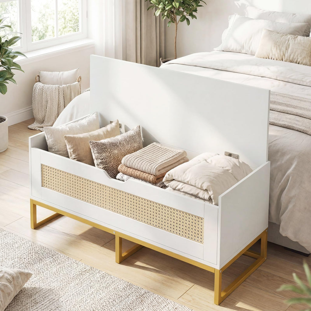 Rattan Shoe Bench, Flip-Top Entryway Bench with Removable Padded Seat & Hidden Storage, Wooden Shoe Storage Chest