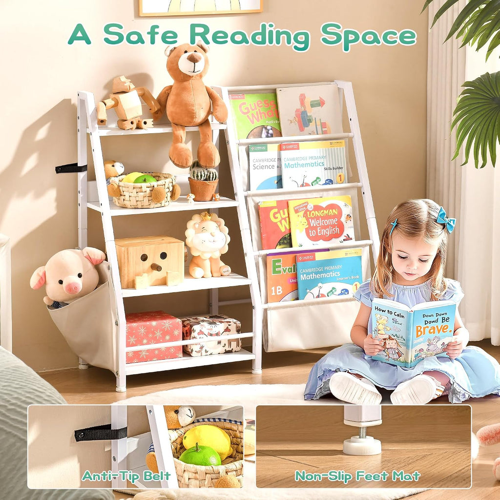 Kids Bookshelf with Extra Pocket, 4 Tier Toddler Bookshelf and Toy Storage Organizer for Kids, Bookcase Nursery Book