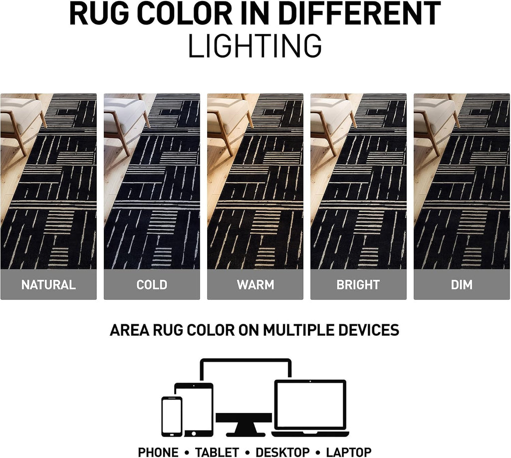 Block Stripe Machine Washable Non-Slip Runner Rug, Black