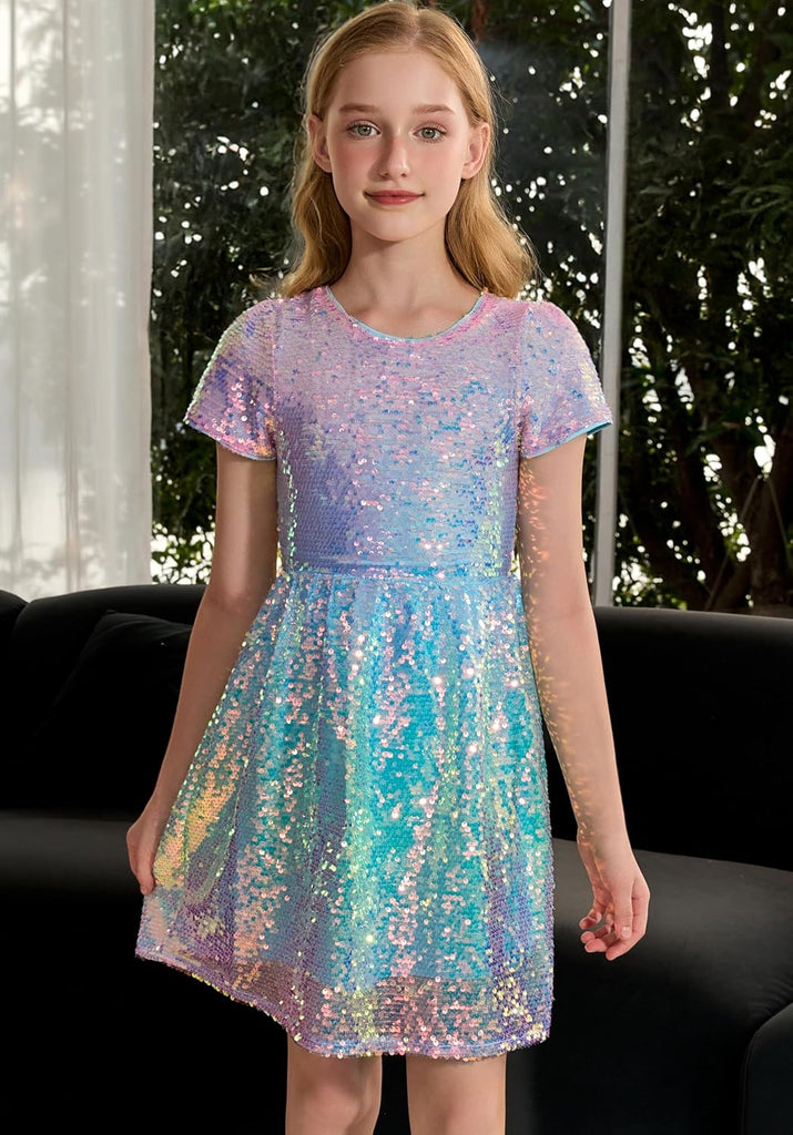 Sequin Dress Short Sleeve Formal School Dresses