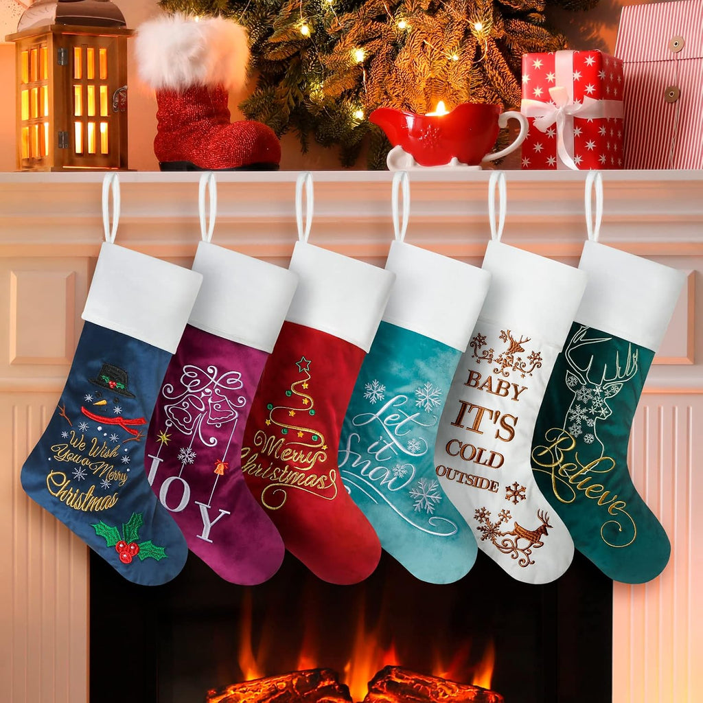 Pack of 6 Luxury Velvet Christmas Stockings, Quality Embroidered Patterned Xmas Stockings Large, Classic Christmas