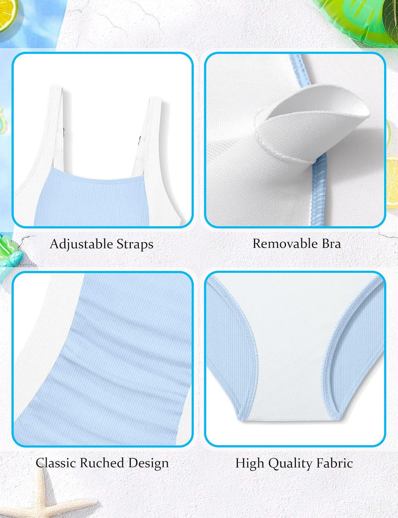 Girls Swimsuit One Piece Swimsuits Ribbed Bathing Suit for Girls Color Block Ruched Adjustable Strap Pad Swimwear