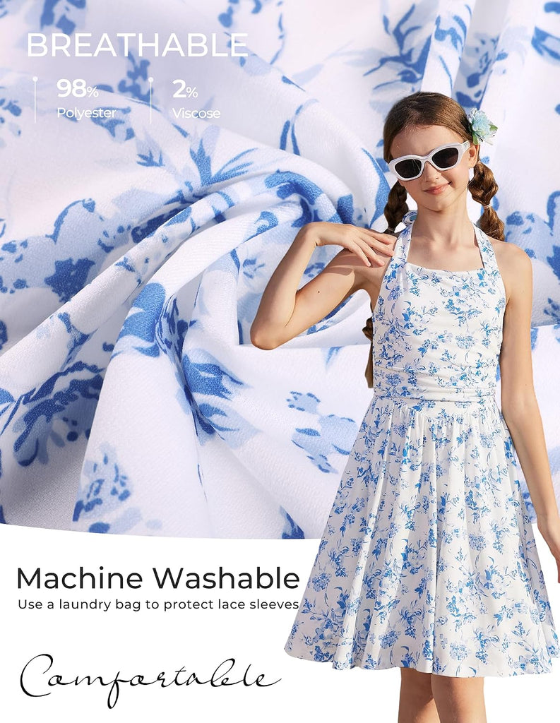 Girls Floral Summer Spring Halter Tie Back Dresses