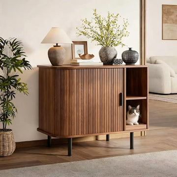 Cat Litter Box Enclosure, Kitty Hidden Litter Box Furniture with Scratch Pad, Modern Indoor Cat House, Sliding Door