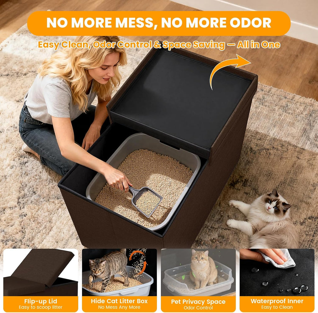 3-in-1 Cat Litter Box Enclosure Furniture, Coffee