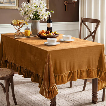 Velvet Tablecloth with Decorative Ruffle 60x102 Inch Gold