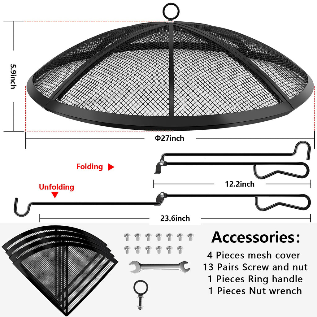 Fire Pit Spark Screen, Fire Pit Screen 27 Inch Round with Handle & Poker
