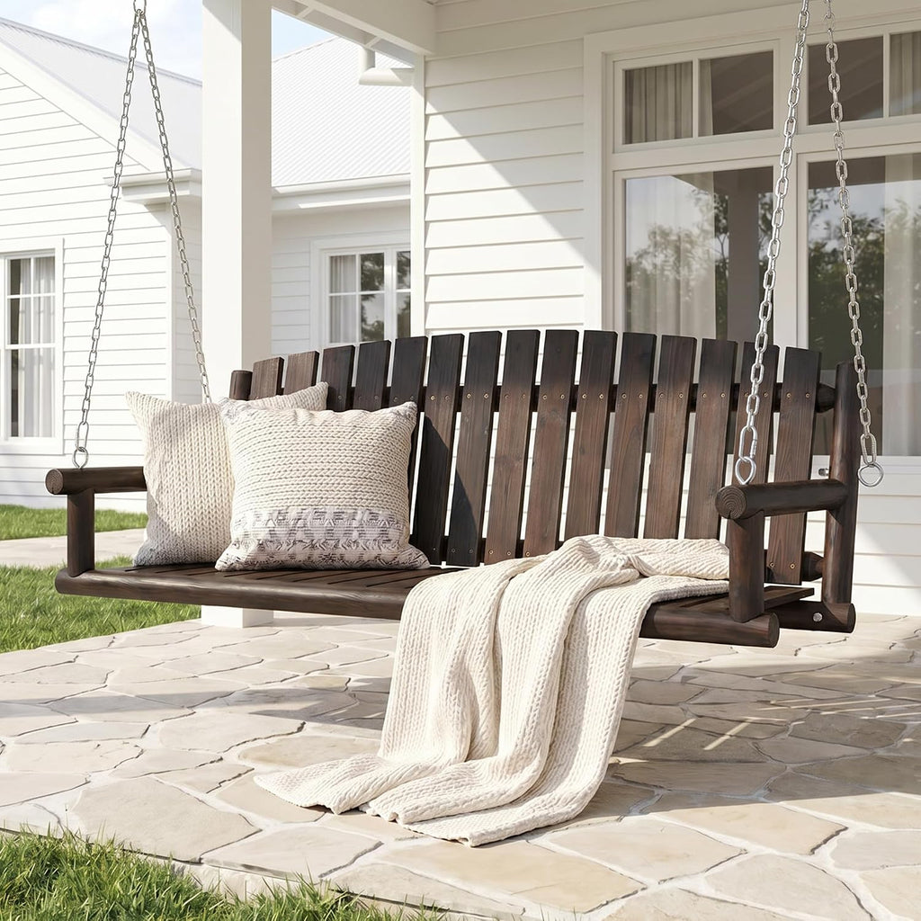 5FT Wooden Hanging Porch Swing, Outdoor 3 Person Patio Bench, Heavy Duty 900 LBS Swings Chair, 3-Seat Solid Fir Wood