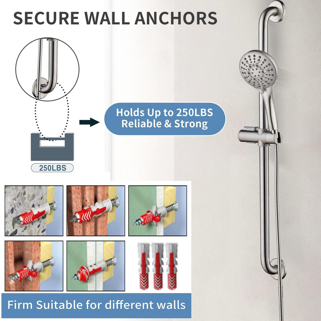 Slide Bar Shower Set with Handheld Shower Head, ADA-Compliant Stainless Steel Grab Bar, Adjustable Height and 69-Inch