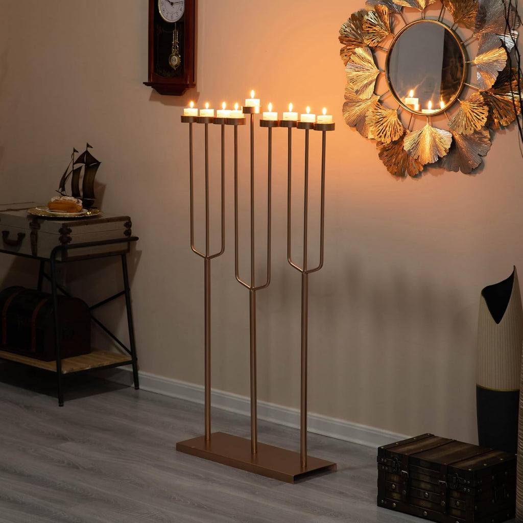 Modern Design l Hanukkah Exceptional presentational Piece, 9 Branch Tea Light Candle Holders, Rose Gold