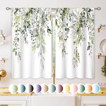 Eucalyptus Botanical Leaves Floral Kitchen Window Curtains Over Sink Boho Farmhouse Flower Leaf Small Window