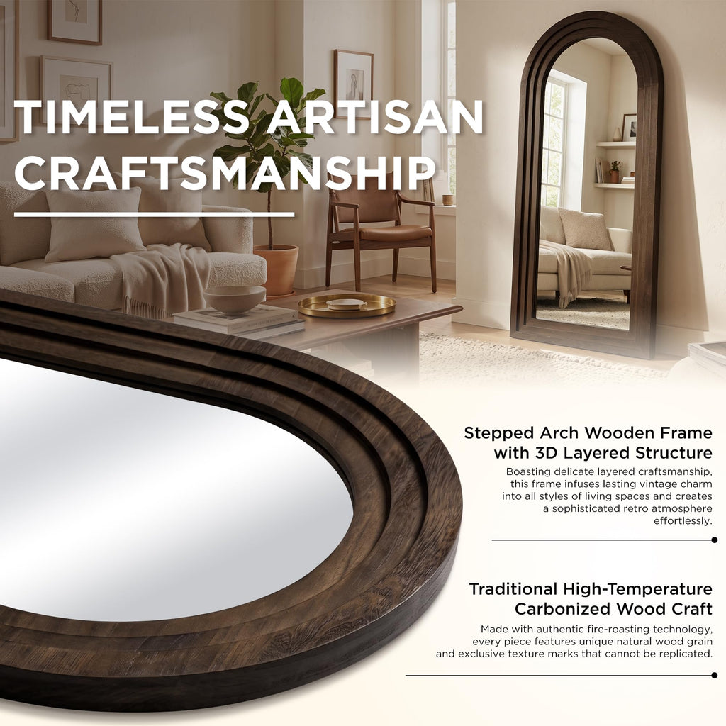 Arched full length mirror, solid wood frame, 55x23in walnut