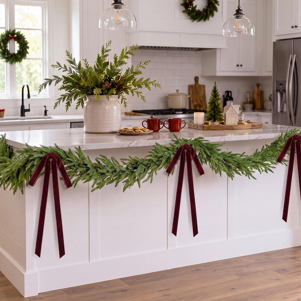 15ft Christmas Garland for Stair with 4 Velvet Bows, Norfolk Pine
