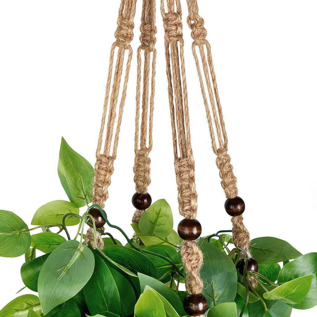 Fake Hanging Plant, Macrame Hanger with Pothos Vines & Pot, Brown