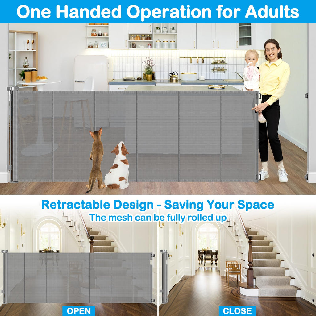 Reinforced 42" Extra Tall X 120" Extra Wide Retractable Dog Gate for Doorways Wide Pet Gate Indoor Prevent Kid/Pet