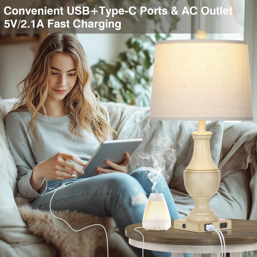 Farmhouse Vintage 3-Way Dimmable Table Lamp Set of 2 with USB A+C Charging Ports & AC Outlet, Rustic Mid Century