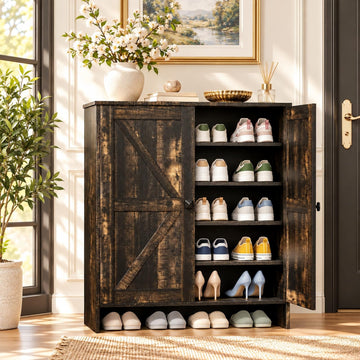 Shoe Cabinet with Doors, 5 Tier Dark Rustic Oak Wooden Shoe Storage Cabinet with Double Barn Doors, Adjustable