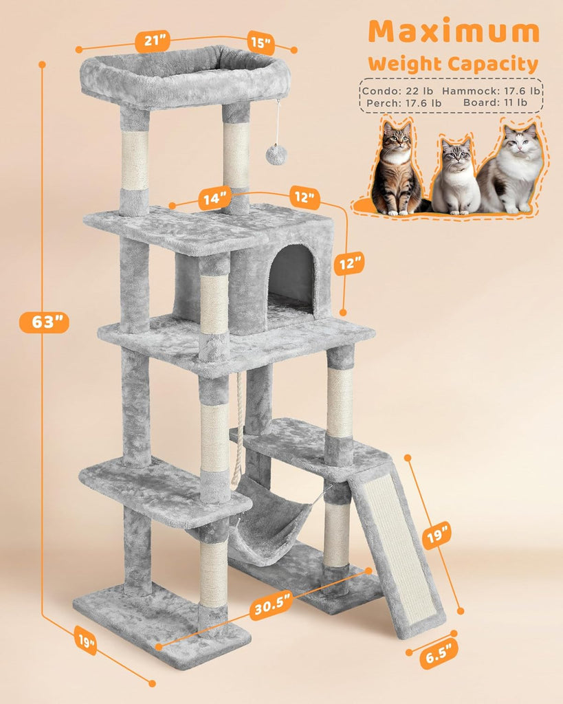 63in Sturdy Large Cat Tree for Indoor Heavy Cats, Tall Tower