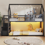 Metal Bunk Bed Twin Over Twin with Storage Staircase, Clothes Rack, LED Twin Bunk Beds for Kids with 2 Storage Drawers