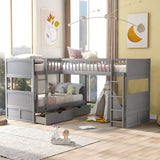 Triple Bed Twin-Over-Twin-Over-Twin Bed L Shaped Bunk Bed with 2 Drawers and 2 Ladders, No Box Spring Needed