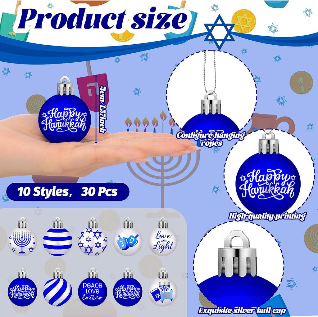 Happy Hanukkah Ornament for Tree Balls Star of David Hanging Ornaments 10 Styles Shatterproof Decorations - Set of 30