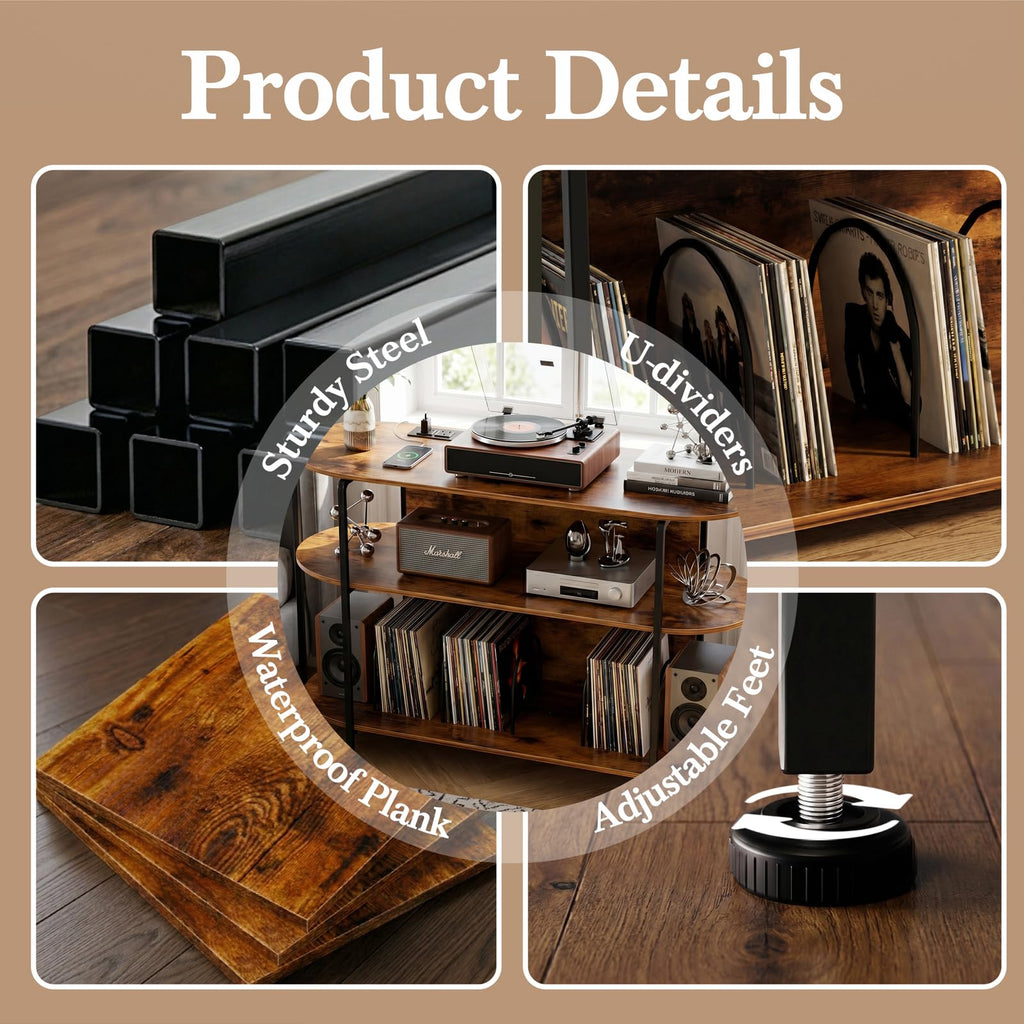 Vinyl Record Player Stand with Power Outlets, 43.3" Mid Century Turntable Stand Console Table, 3-Tier Arc Record