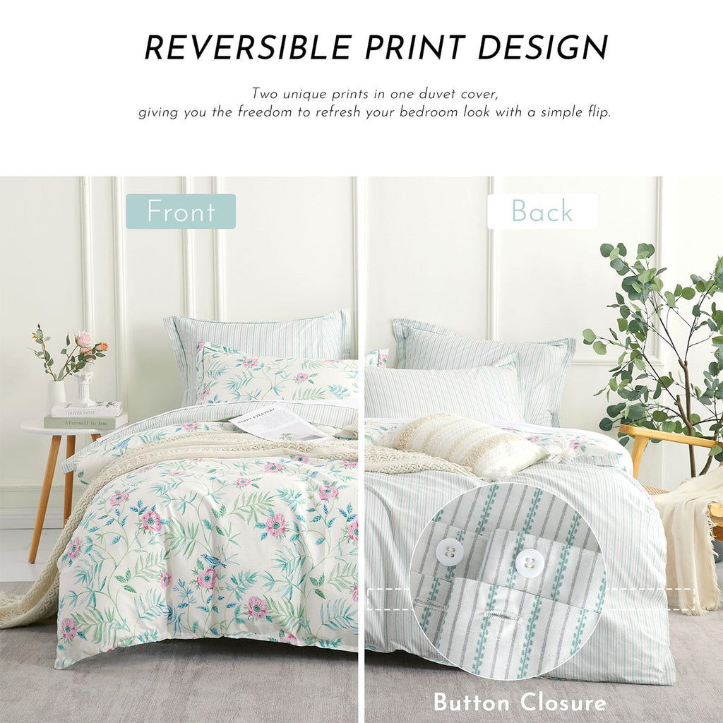 Fresh White & Aqua Botanical Cotton Duvet Cover Set 3PC