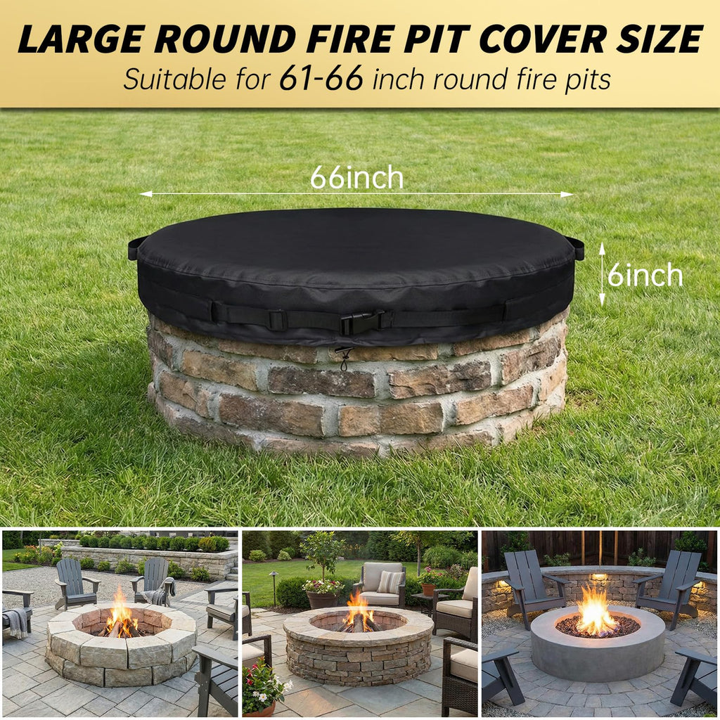Outdoor Fire Pit Cover Round for In-Ground Fire Pits 61-66 Inch, 600D Oxford Waterproof Weather-Resistant Firepit