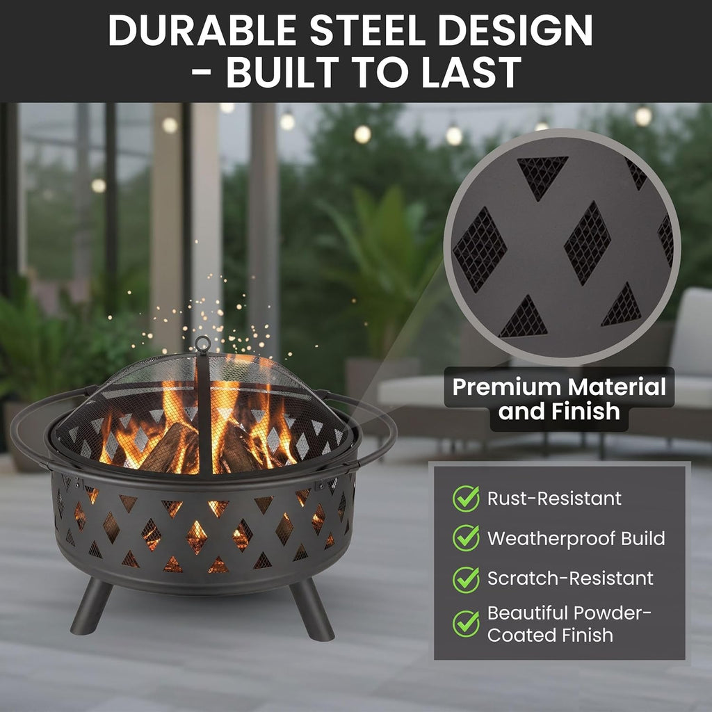 Fire Pit - 32-Inch Outdoor Wood Burning Firepit with Screen, Poker, and Cover - Outdoor Fire Pits