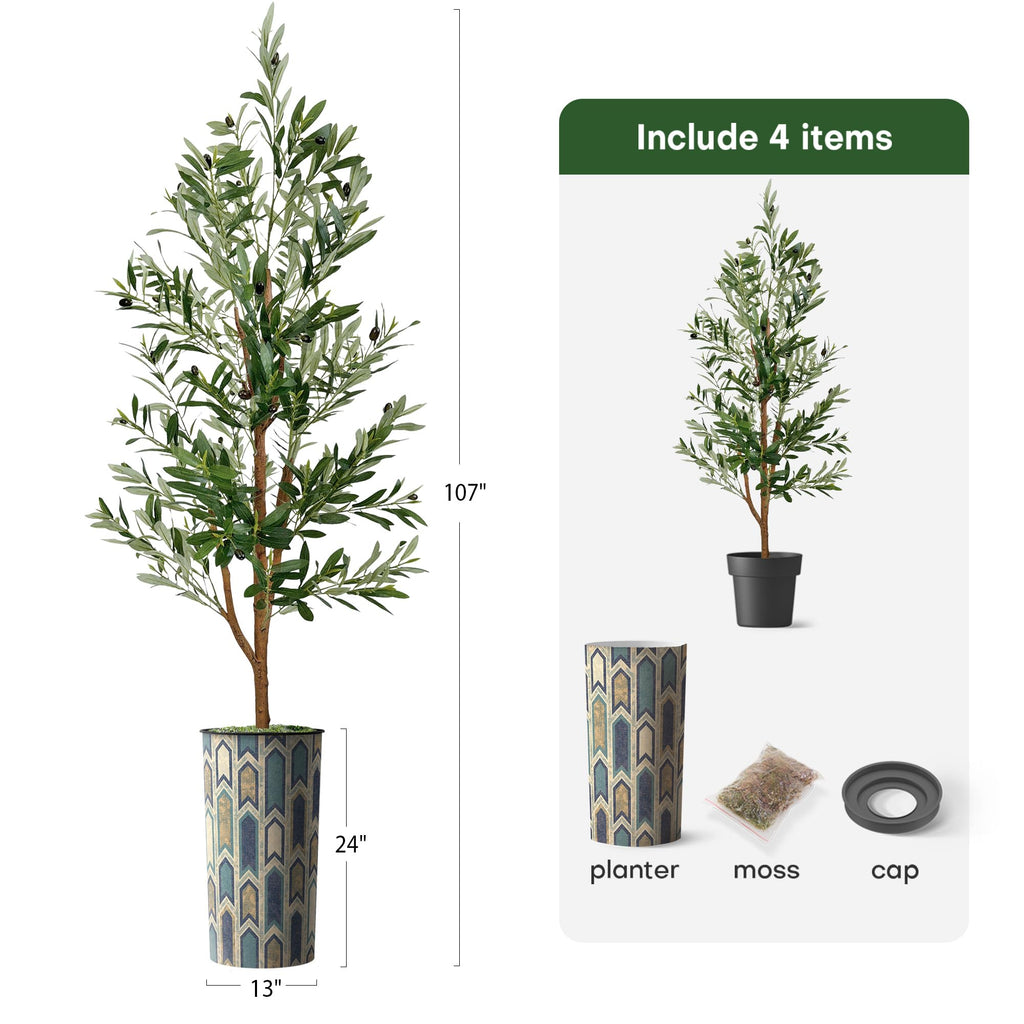 Artificial Tree in Modern Polygon Pattern Effect Planter, Fake Olive Silk Tree for Indoor and Outdoor Home Decoration