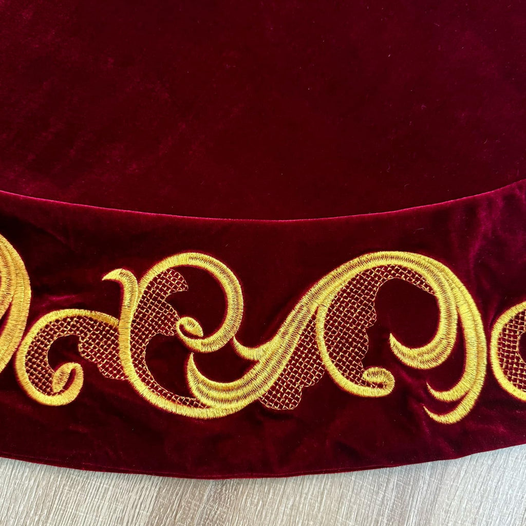 84-Inch Velvet Christmas Tree Skirt with Golden Swirl Embroidery and Lace Tie Closures, Burgundy